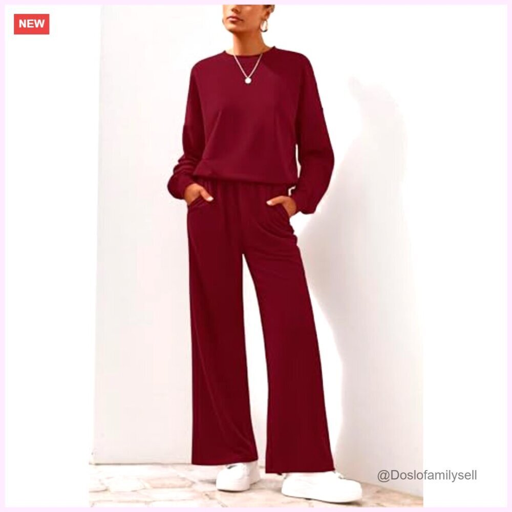 Women's 2-Piece Sweatsuit Set, Crewneck Sweatshirt & Wide Leg Sweatpants, Loose - Picture 2 of 7